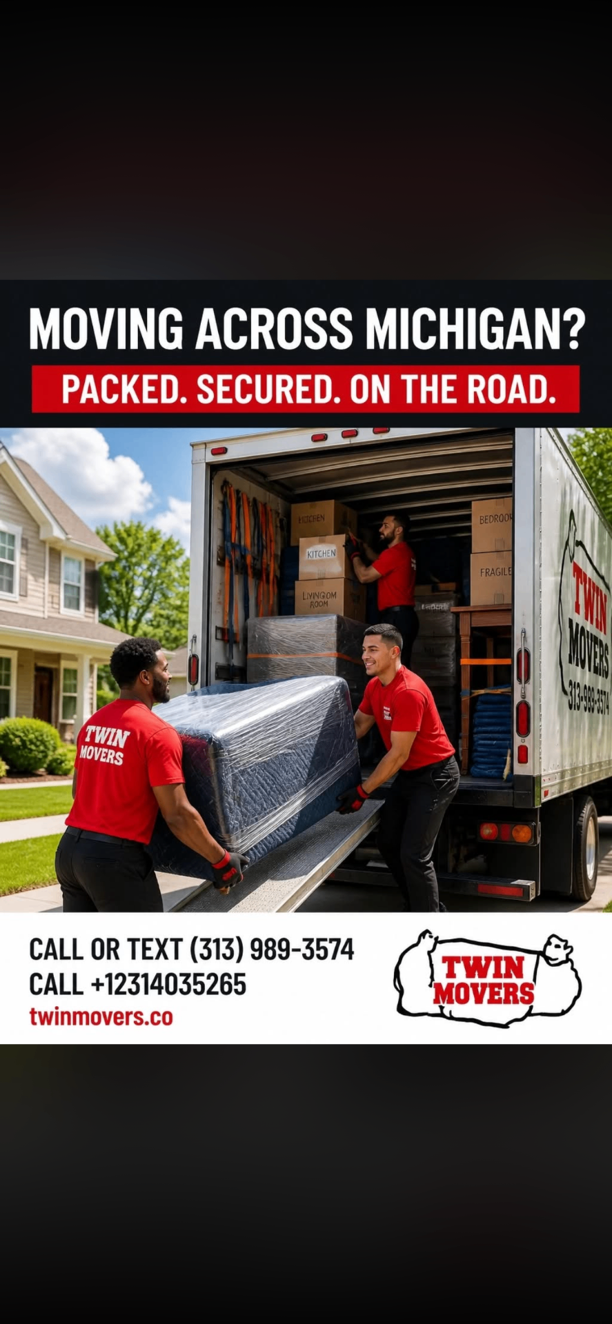 Twin Movers crew in red shirts loading a wrapped mattress into a moving truck; call or text (313) 989-3574
