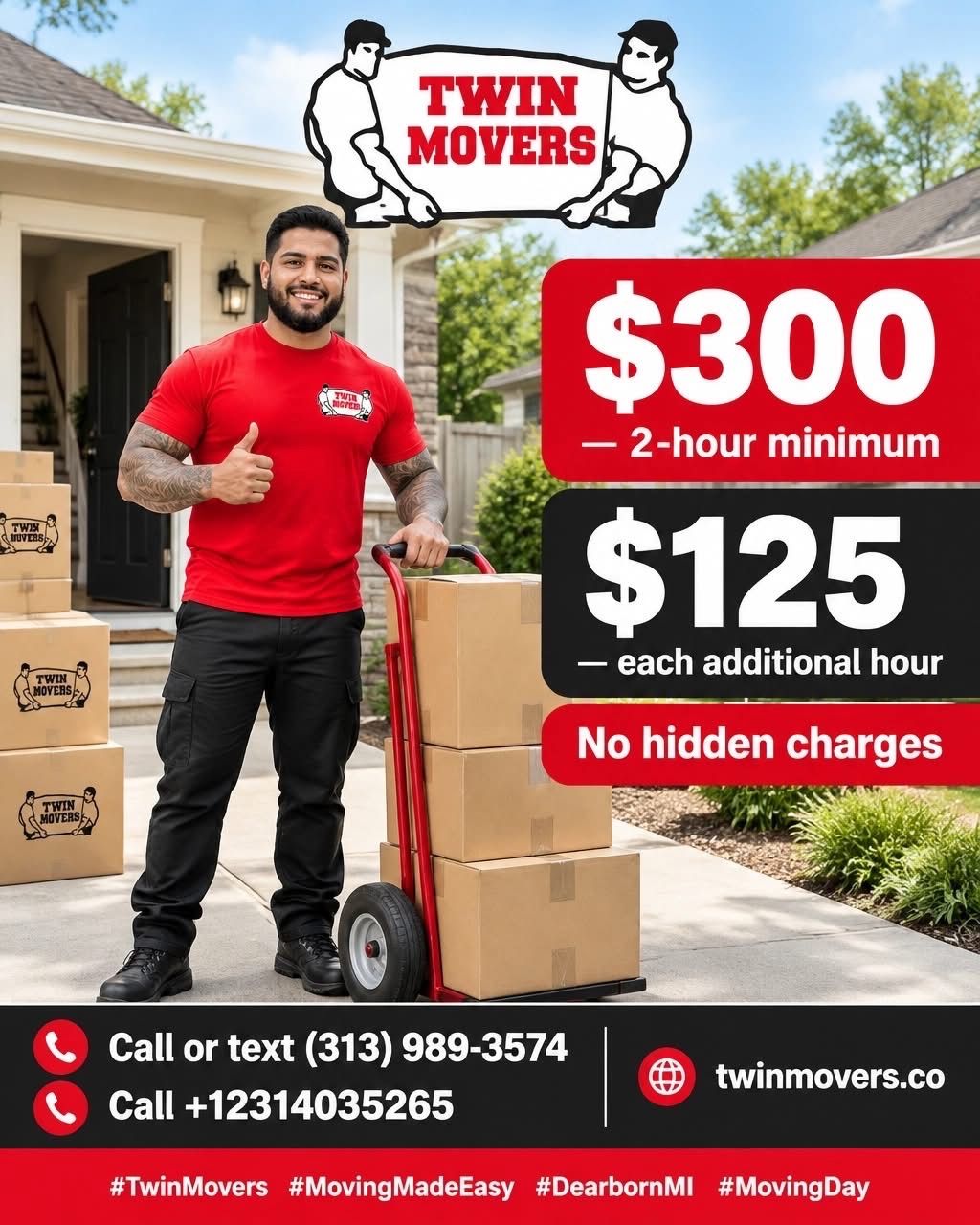 Twin Movers moving professional standing beside a hand truck and boxes outside a home, with the Twin Movers logo, pricing, and contact information shown in the image