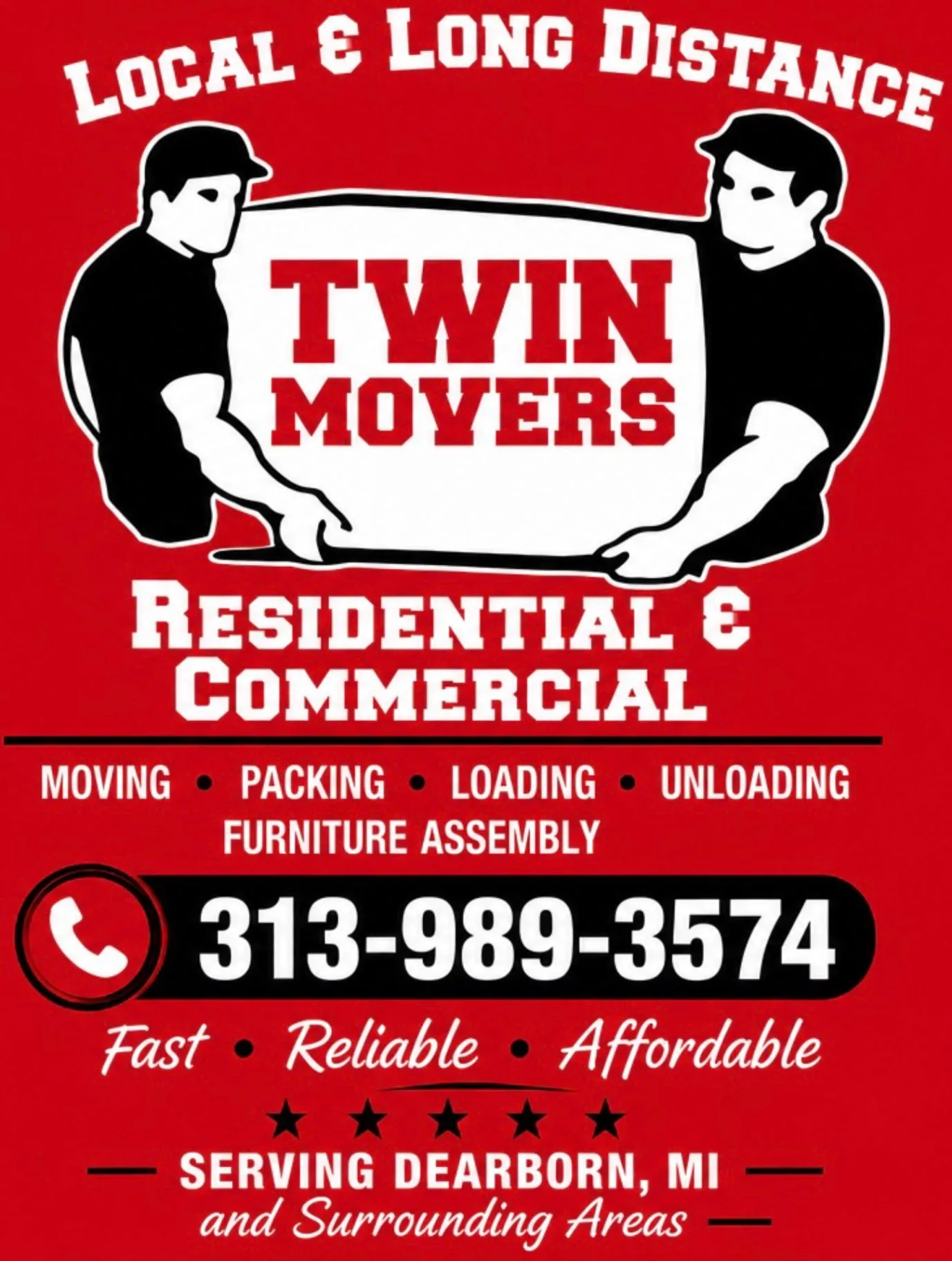 Red Twin Movers services graphic listing moving, packing, loading, unloading, furniture assembly, and phone number (313) 989-3574